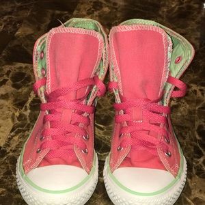 Pink and Green Double Flapped Hightop Converse